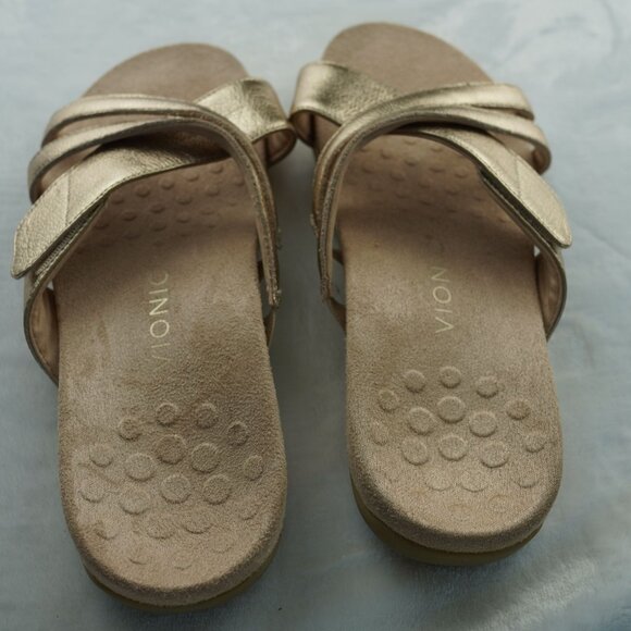 NWOT Vionic Gold Metallic Crisscross Slide Sandals Orthotic Support Womens 9 - Picture 4 of 10